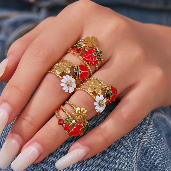 18K Gold Silver Plated Stainless Steel Flower Beee Strawberry Open Ring