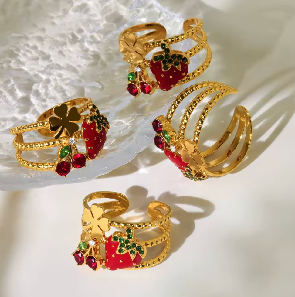 18K Gold Silver Plated Stainless Steel Flower Beee Strawberry Open Ring