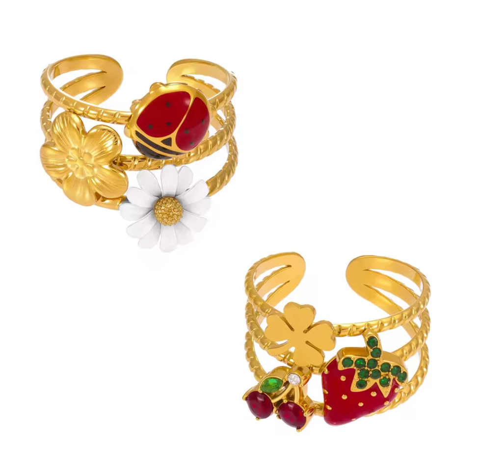 18K Gold Silver Plated Stainless Steel Flower Beee Strawberry Open Ring