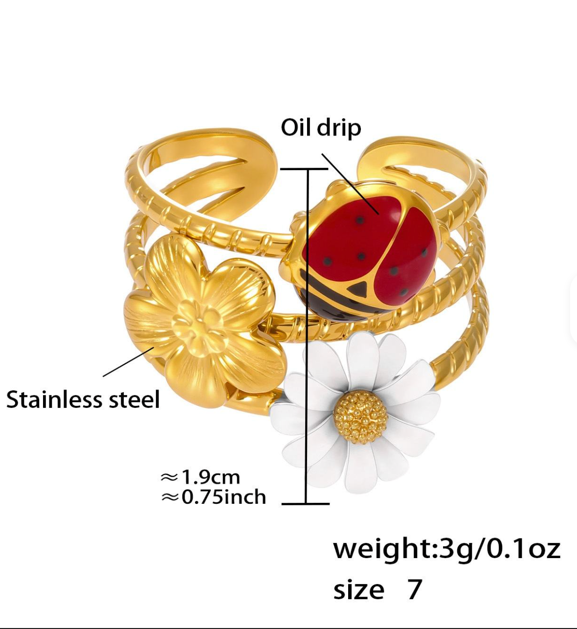 18K Gold Silver Plated Stainless Steel Flower Beee Strawberry Open Ring