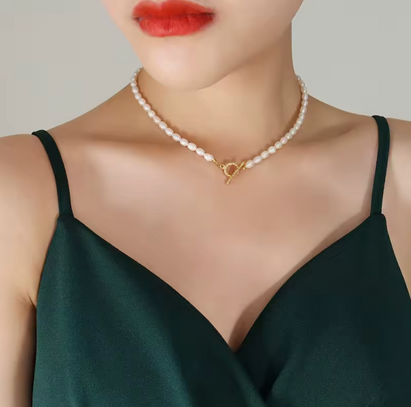 Gold Plated Stainless Steel Natural Pearl Necklace Bracelet Set