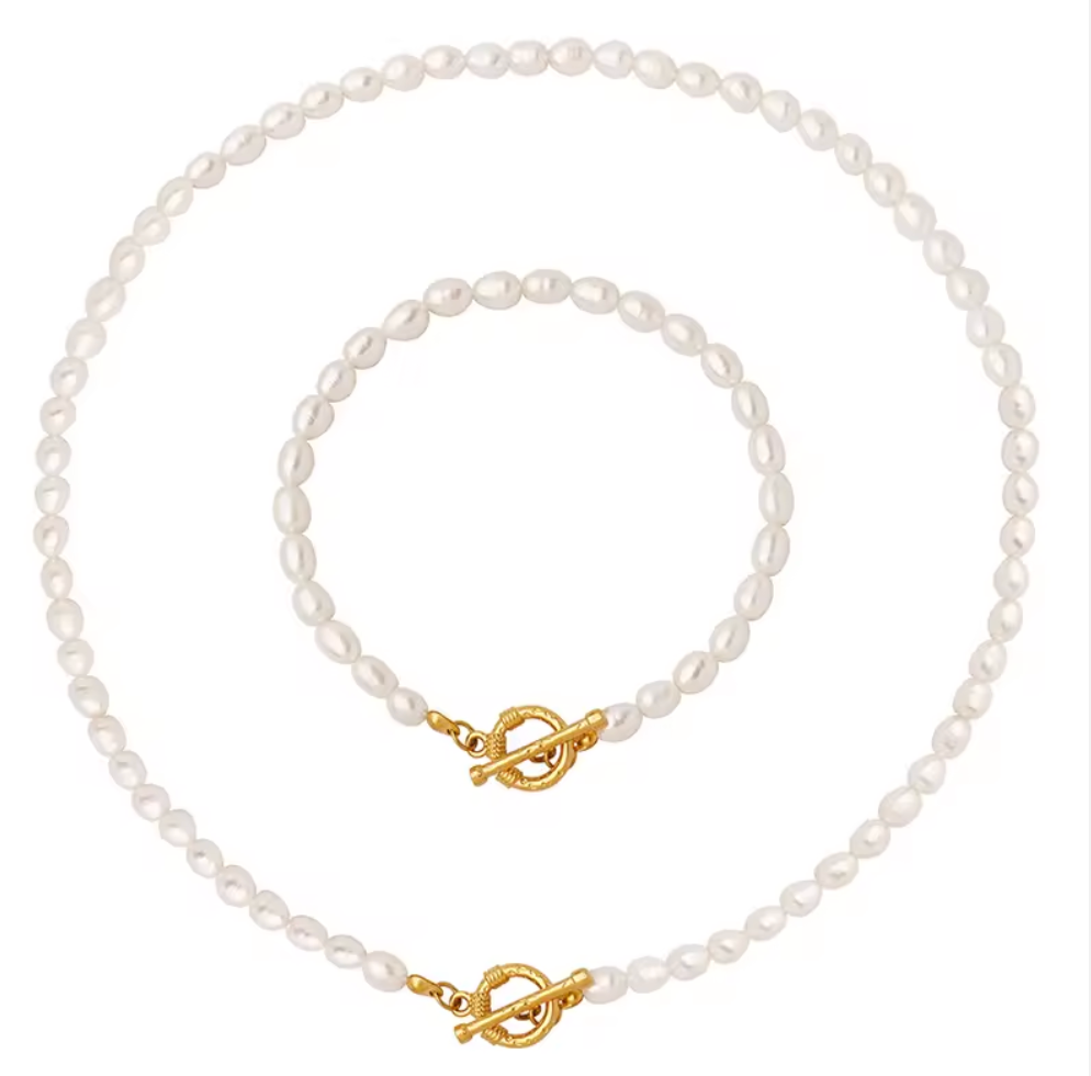 Gold Plated Stainless Steel Natural Pearl Necklace Bracelet Set