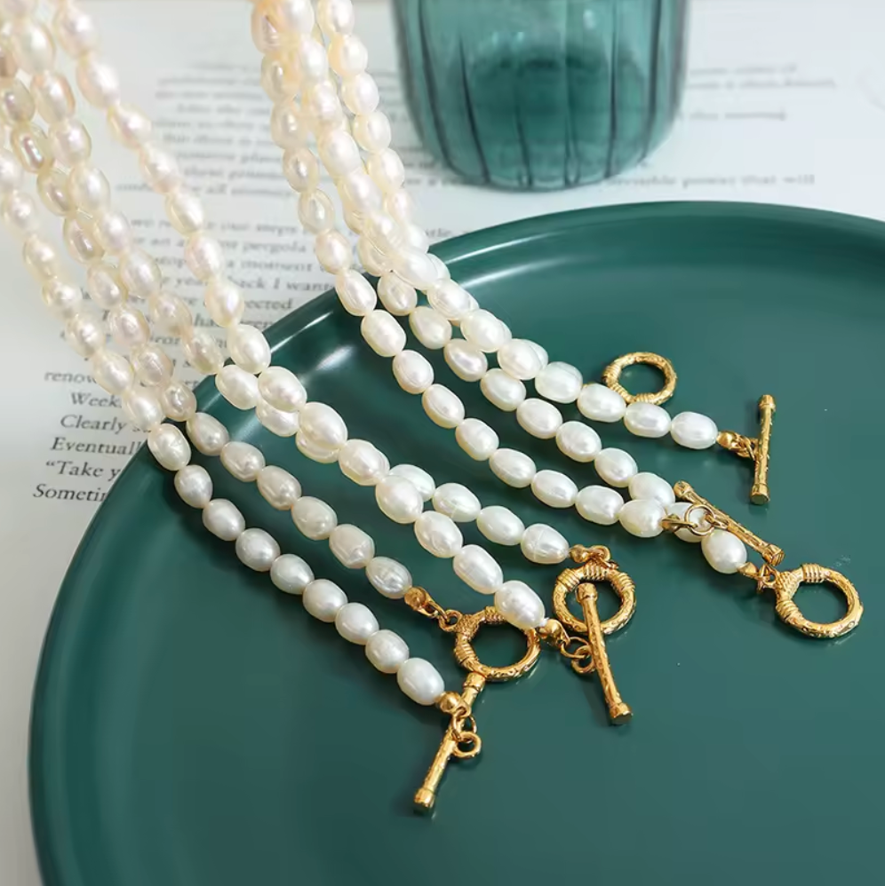 Gold Plated Stainless Steel Natural Pearl Necklace Bracelet Set