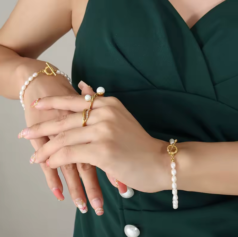 Gold Plated Stainless Steel Natural Pearl Necklace Bracelet Set