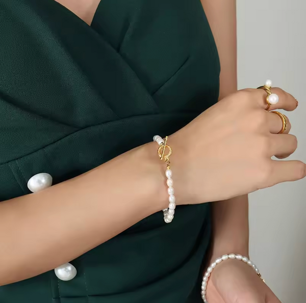 Gold Plated Stainless Steel Natural Pearl Necklace Bracelet Set