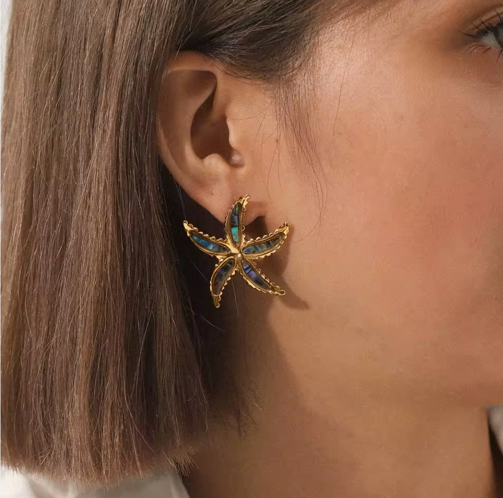 Silver PVD Plated Stainless Steel Starfish Abalone Shell Stud Earring