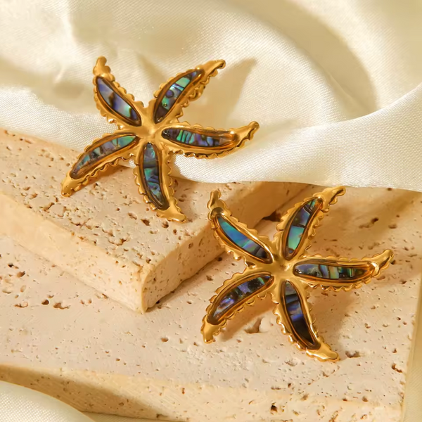 Silver PVD Plated Stainless Steel Starfish Abalone Shell Stud Earring