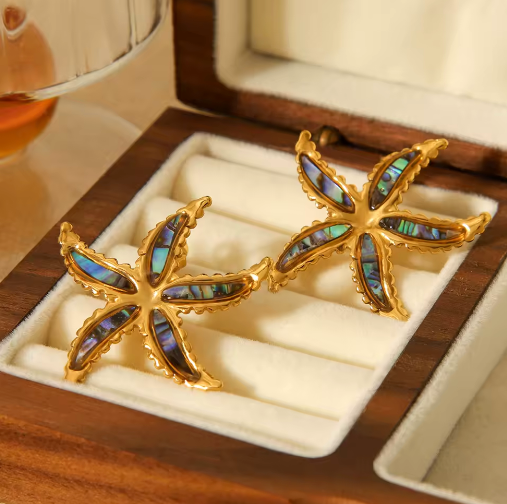 Silver PVD Plated Stainless Steel Starfish Abalone Shell Stud Earring