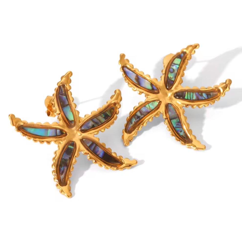 Silver PVD Plated Stainless Steel Starfish Abalone Shell Stud Earring