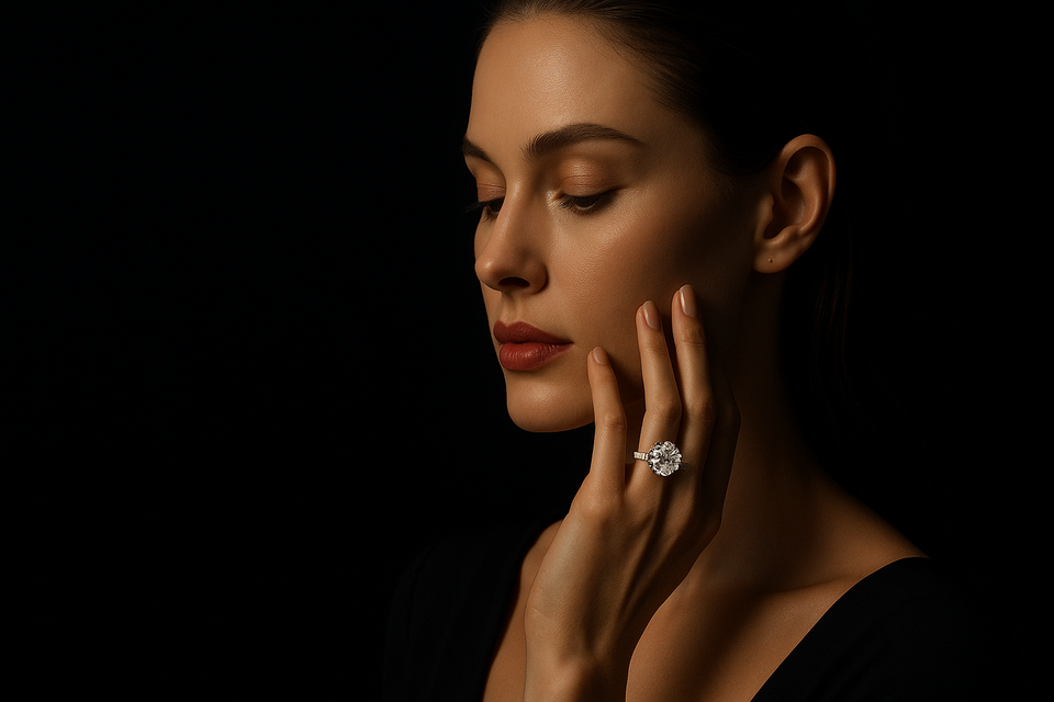 Create for me high quality banner image in black background gergeous women wearing white diamnd ring